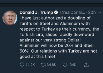 Turkish lira slumps as Trump doubles steel & aluminium tariffs Turkish lira slumps as Trump doubles steel & aluminium tariffs